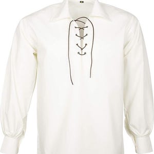 May include: Off-white long-sleeve shirt with a collared neckline and a lace-up front. The shirt features long sleeves with buttoned cuffs. The lace-up detail is a dark brown color, contrasting with the shirt's off-white fabric.