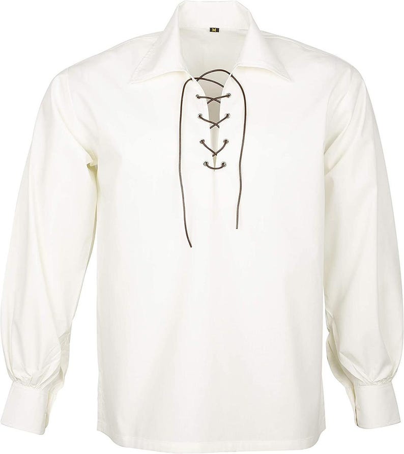 May include: Off-white long-sleeve shirt with a collared neckline and a lace-up front. The shirt features long sleeves with buttoned cuffs. The lace-up detail is a dark brown color, contrasting with the shirt's off-white fabric.