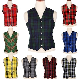 Highland Scottish Tartan Kilt Vest Men&#39;s Traditional 5 Button Argyle Kilt Waistcoat Available in 50+ Tartans