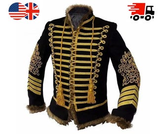 Black Napoleonic Hussar Jacket 100% Blazer Wool Vintage 19th Century Military Uniform Tunic Pelisse Jimi Hendrix Jacket Size 34" to 54"
