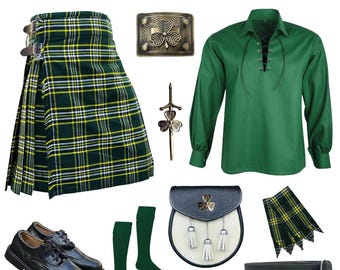 St Patric Kilt Set Scottish Highland 9 PCS Formal Irish Kilt & Shoes Outfit Available in 40+ Clans