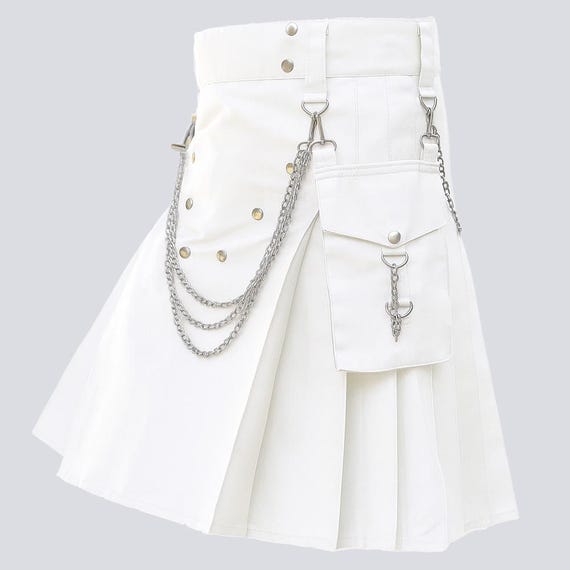 White kilt - Modern Utility Kilt For Men Christmas Chrome Chain Cargo Pockets Cotton Kilt - In Different Colors and Sizes