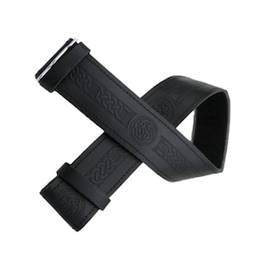 May include: Black leather belt with embossed Celtic knot design. The belt features a silver-colored buckle and a series of intricate patterns. The belt is approximately 1.5 inches wide.