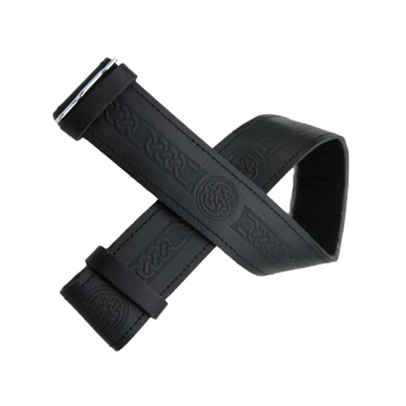 May include: Black leather belt with embossed Celtic knot design. The belt features a silver-colored buckle and a series of intricate patterns. The belt is approximately 1.5 inches wide.