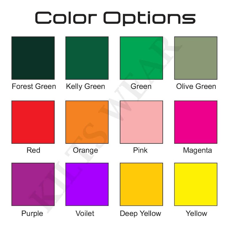 May include: Image displaying a color chart labeled "Color Options." The chart features twelve color swatches: Forest Green, Kelly Green, Green, Olive Green, Red, Orange, Pink, Magenta, Purple, Voilet, Deep Yellow, and Yellow.