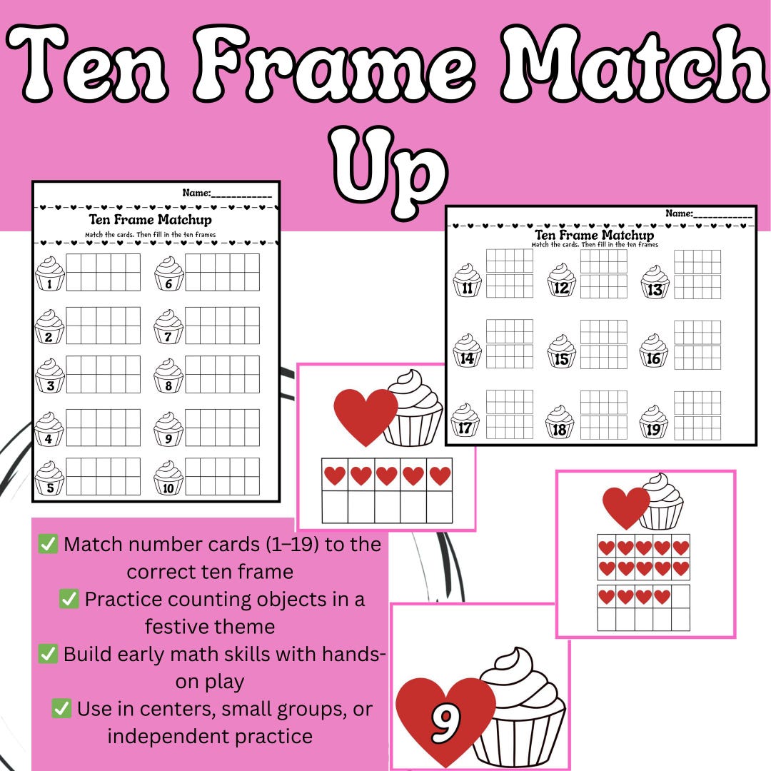 Valentine’s Day Ten Frame Match up | Numbers 1–19 Counting Activity ...