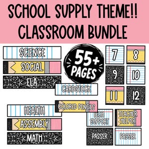 Peut inclure: Un ensemble de fournitures scolaires numériques avec le texte SCHOOL SUPPLY THEME!! CLASSROOM BUNDLE et 55+ PAGES. Le lot comprend des étiquettes rectangulaires et carrées avec des motifs de crayons, de papier ligné et de cahiers à motifs noirs et blancs.