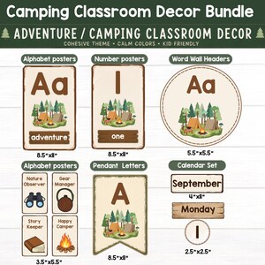Peut inclure: Ensemble de décoration de classe sur le thème du camping, comprenant des affiches d'alphabet et de chiffres, des en-têtes muraux de mots, des lettres de fanion et un calendrier. Les motifs incluent des illustrations sur le thème du camping avec des tentes, des arbres et un feu de camp.