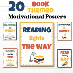 Motivational classroom Posters | Reading Quotes Classroom Decor| Printable Teacher Wall Art for Library & Reading Corner| 20 Book Themed