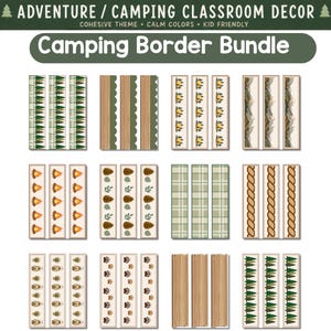 May include: A collection of camping-themed classroom borders. Designs include pine trees, mountains, campfires, pinecones, and paw prints. The borders are in various colors, including green, brown, and beige. The text at the top says "ADVENTURE / CAMPING CLASSROOM DECOR".