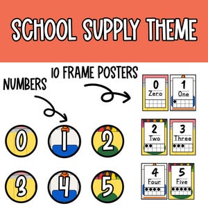May include: Educational posters featuring the text SCHOOL SUPPLY THEME and 10 FRAME POSTERS. The image displays numbers 0 through 5 in circular frames and rectangular cards, each accompanied by a ten-frame grid with dots representing the numerical value.