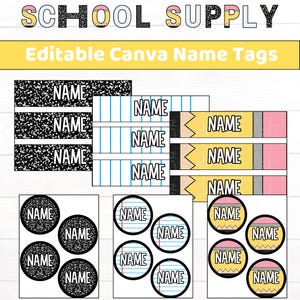 Peut inclure: Une collection d'étiquettes de nom Canva modifiables avec divers motifs. Les étiquettes comprennent des motifs de papier de cahier, de crayon et circulaires, tous avec le mot "NAME". Le haut de l'image indique "SCHOOL SUPPLY" et "Editable Canva Name Tags".