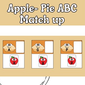 May include: Educational matching game with the text "Apple- Pie ABC Match up". The game features cartoon apple pies and red apples with letters. The game is designed to teach children the alphabet.