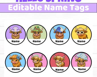 Spring Highland Cow Name Tags | Editable Classroom Decor (Canva Template)