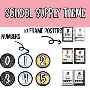 May include: Educational posters with a school supply theme. The image features number circles and ten-frame posters for numbers 0-5. The text includes "SCHOOL SUPPLY THEME", "NUMBERS", and number words like "Zero" and "One".