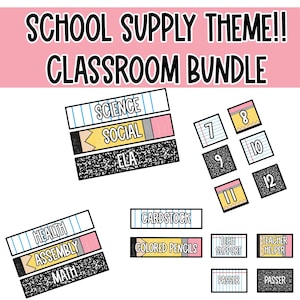 Puede incluir: Una colección de gráficos digitales con temática escolar con texto que incluye "School Supply Theme!! Classroom Bundle", etiquetas de materias y números. Los gráficos presentan lápices, papel rayado y un fondo rosa.