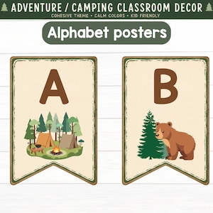 May include: Alphabet posters with a camping theme. The letter "A" features tents, trees, and a campfire. The letter "B" shows a brown bear next to a green pine tree. The posters have a rustic, wood-like border.