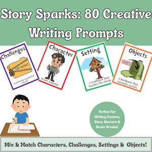 May include: Image of "Story Sparks: 80 Creative Writing Prompts." Features cards for challenges, characters, settings, and objects. The challenges card shows a locked folder. The character card shows a brave inventor. The setting card shows a treehouse. The objects card shows a backpack.