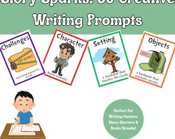 Story Sparks Writing Prompts | 80 Printable Story Starter Cards for Kids | Creative Writing, Characters, Settings & Objects