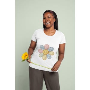 PNG de flor patchwork, margarida retrô com carinha sorridente, clipart floral coquete (download digital)