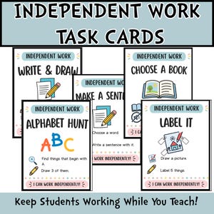 Może przedstawiać: Kolekcja kart zadań zatytułowana Independent Work Task Cards. Każda karta przedstawia konkretne ćwiczenie, takie jak Alphabet Hunt, Write & Draw, Choose a Book i Label It, z kolorowymi ilustracjami, instrukcjami tekstowymi oraz frazą I Can Work Independently.
