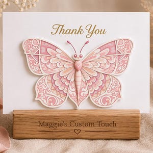 Elegante tarjeta de agradecimiento con mariposas, tarjeta de agradecimiento floral rosa, tarjeta de agradecimiento para regalos de boda, bonitas notas de agradecimiento, papelería femenina.