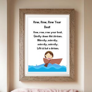 Arte de pared encantador para bebés/Póster enmarcado con rima infantil/Rema, rema, rema tu bote/Regalo único para habitaciones infantiles/Regalo perfecto para baby shower