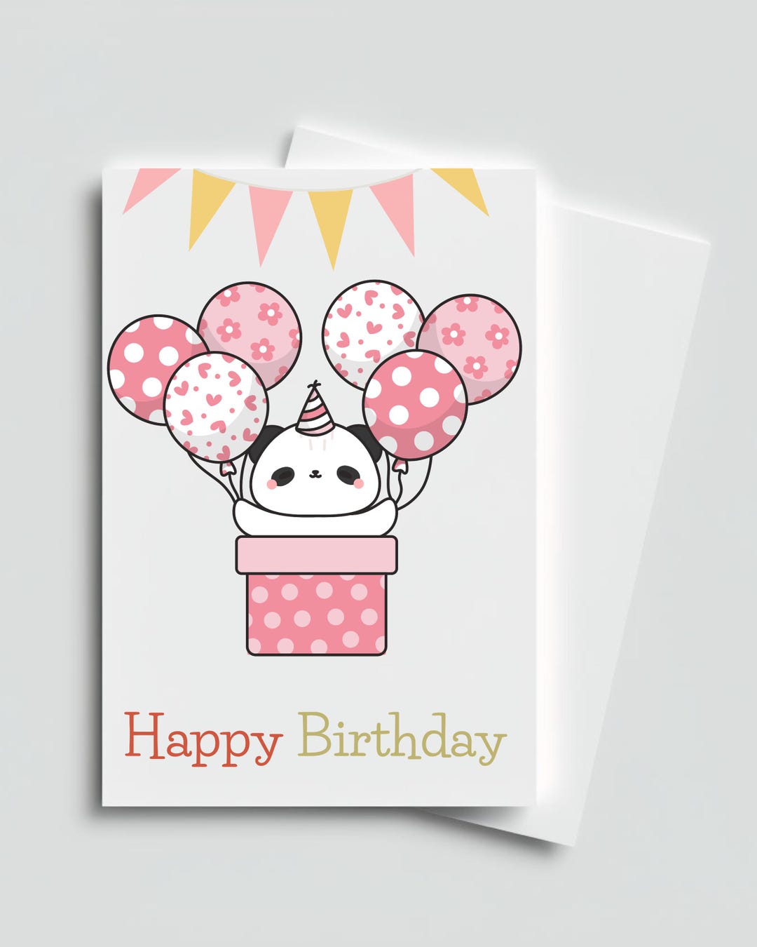 Cute Kawaii Birthday Card, Pink Balloon Panda Card, Sweet Happy ...