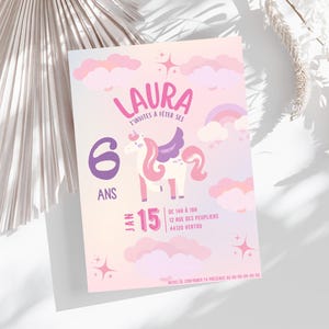 Tarjeta de invitación de cumpleaños infantil con diseño de unicornio