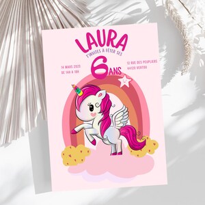 Tarjeta de invitación de unicornio rosa para cumpleaños infantil.