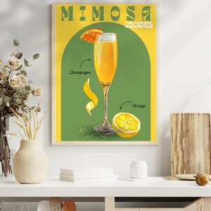 Póster imprimible de cóctel mimosa verde y amarillo para bar, sala de estar, póster, decoración de cocina moderna, colorida y de diseño.