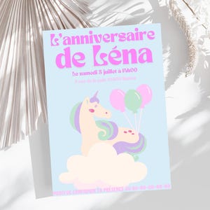 Invitación de unicornio para cumpleaños infantil.