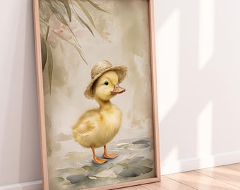 Duckling in a Straw Hat Printable Wall Art – Cottagecore Nursery Duck Decor Digital Download