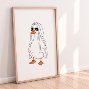 Cute Duck Wearing Towel - Minimalist Line Art Print | Funny Bathroom Wall Art | Quirky Duck Poster | Trendy Digital Print | Digital Download
