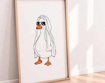 Cute Duck Wearing Towel Printable Wall Art – Minimalist Bathroom Duck Line Art