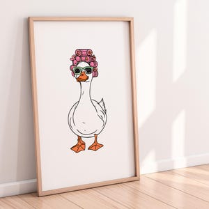 Cute Duck with Pink Curlers - Minimalist Line Art Print | Funny Bathroom Wall Art | Quirky Duck Poster | Trendy Art Print | Instant Download