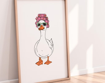 Cute Duck with Pink Curlers Printable Wall Art – Funny Bathroom Decor Digital Download