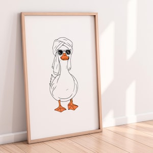 Cute Duck Wearing Head Towel - Minimalist Line Art Print | Funny Bathroom Wall Art | Quirky Duck Poster | Trendy Digital Print | Download