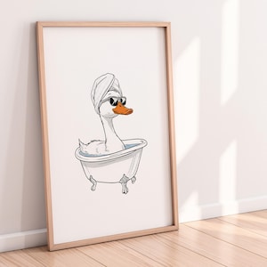 Duck in a Bath - Funny Bathroom Print | Cute Duck Wall Art | Quirky Duck Drawing Poster | Trendy Style Art | Download Duck in Towel on Head