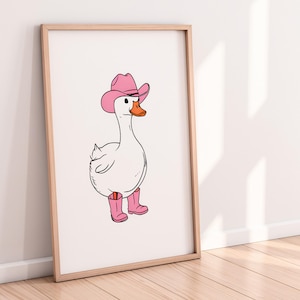 Cute Pink Cowboy Duck Art - Minimalist Line Art Print | Trendy Wall Art | Quirky Cowboy Hat Duck in Cowboy Boots | Bathroom Wall Art Print