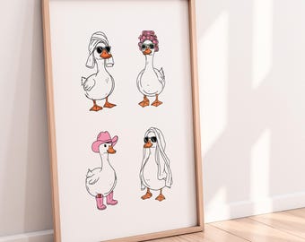 Funny Duck Bathroom Printable Wall Art – Cowboy Hats, Curlers and Towels Digital Download