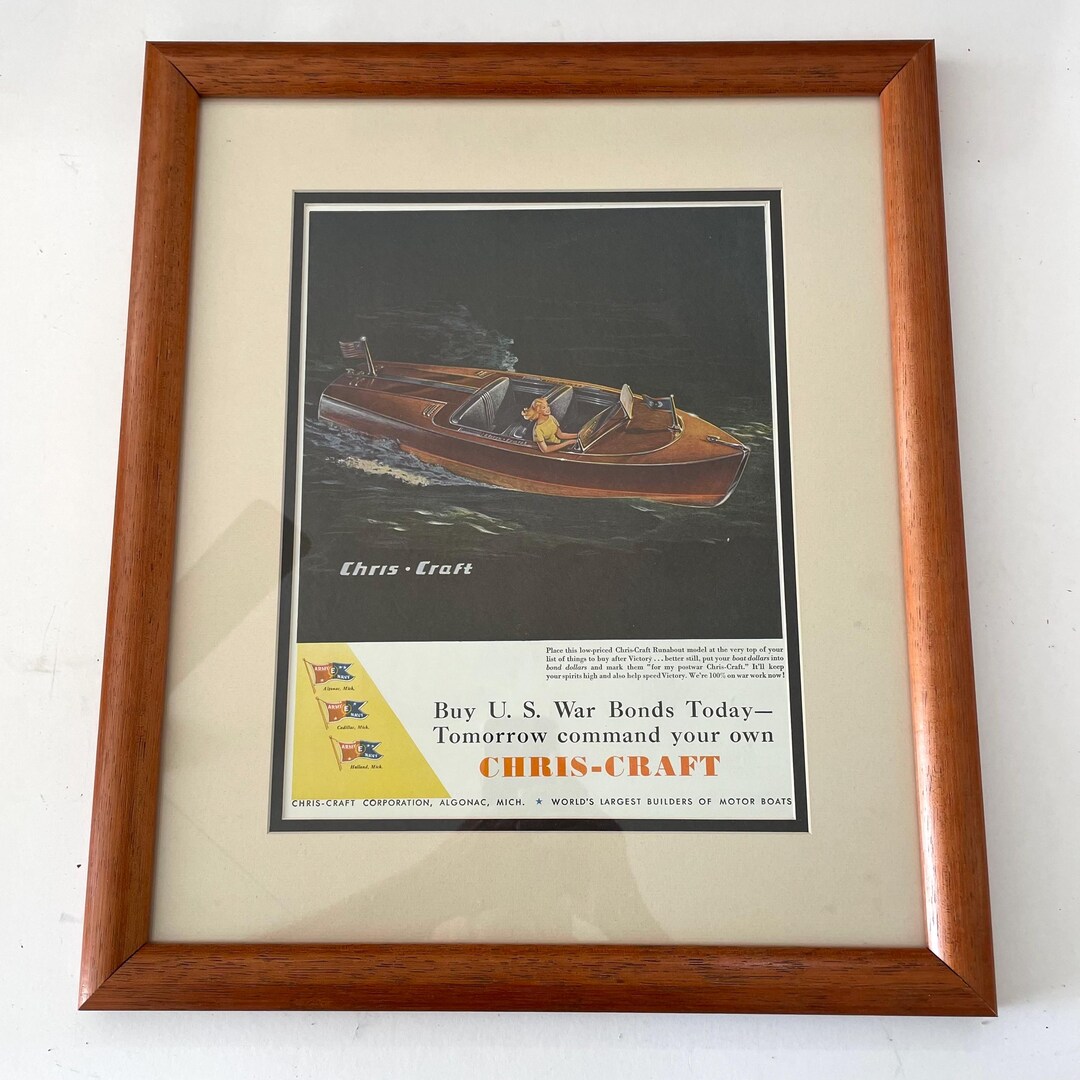 Framed Vintage 1943 Chris Craft Ad With Motor Boat Man Cave Wall Art
