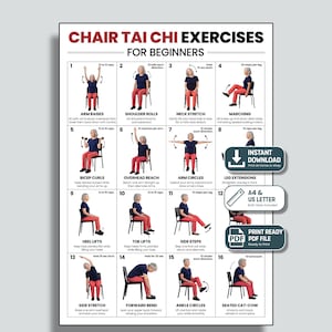 May include: A white instructional poster titled CHAIR TAI CHI EXERCISES FOR BEGINNERS featuring sixteen numbered panels. Each panel displays a person in a blue shirt and red pants sitting on a chair, demonstrating specific movements with text instructions.