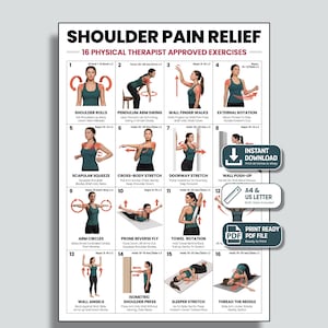 May include: A white instructional poster titled SHOULDER PAIN RELIEF featuring 16 numbered physical therapy exercises. Each section includes a diagram of a person in a dark green tank top demonstrating movements with red directional arrows and text.