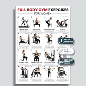 Full Body Gym Workout For Women, Women’s Gym Exercise Chart, Gym Machine & Dumbbell, Female Fitness Weight Lifting Routine, Printable PDF