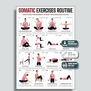 Op de afbeelding: Een witte poster getiteld SOMATIC EXERCISES ROUTINE met zestien genummerde panelen die een persoon in een roze hemdje en zwarte legging tonen die verschillende bewegingen uitvoert. Bevat tekstinstructies en downloadpictogrammen.