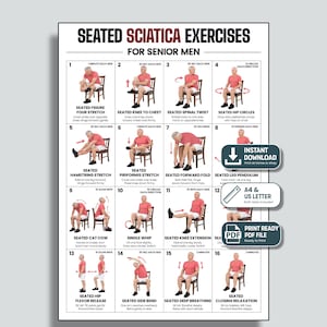 Pode incluir: Um cartaz instrutivo branco intitulado SEATED SCIATICA EXERCISES FOR SENIOR MEN com dezasseis ilustrações numeradas de uma pessoa com t-shirt vermelha e calções brancos a realizar vários alongamentos sentados numa cadeira de madeira.