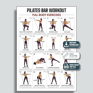 May include: A white Pilates bar workout poster featuring sixteen numbered exercise illustrations with a person in a yellow top and purple leggings demonstrating movements. The text includes titles like Squat with Bar Press and Full Body Exercises.