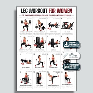 Leg Workout for Women Printable PDF, 16 Gym Exercises Quads Glutes Hamstrings PDF, Push Pull Legs Program, Home Gym Poster, A4 US Letter