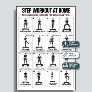 Op de afbeelding: Een witte instructieposter getiteld STEP WORKOUT AT HOME met 16 genummerde illustraties van een persoon in een donkerblauw tenue die step-oefeningen uitvoert op een zwart platform. Bevat tekst voor herhalingen, oefeningen en downloads.